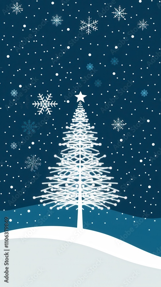 White Christmas tree agains blue snowy backdropwith snowflakes White Christmas tree agains blue snowy backdropwith snowflakes