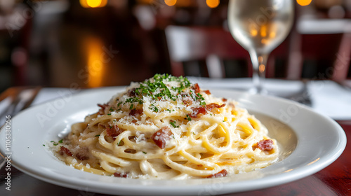 A decadent plate of spaghetti carbonara with creamy sauce crispy pancetta and grated Parmesan.