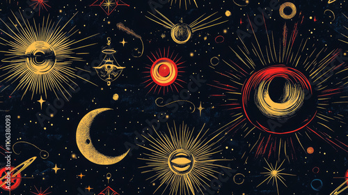 Seamless pattern of golden esoteric symbols on black background, astrology, astronomy, tarot, occultism, flat illustration, fortune telling, meditation, astral, space, stars, moon, magic