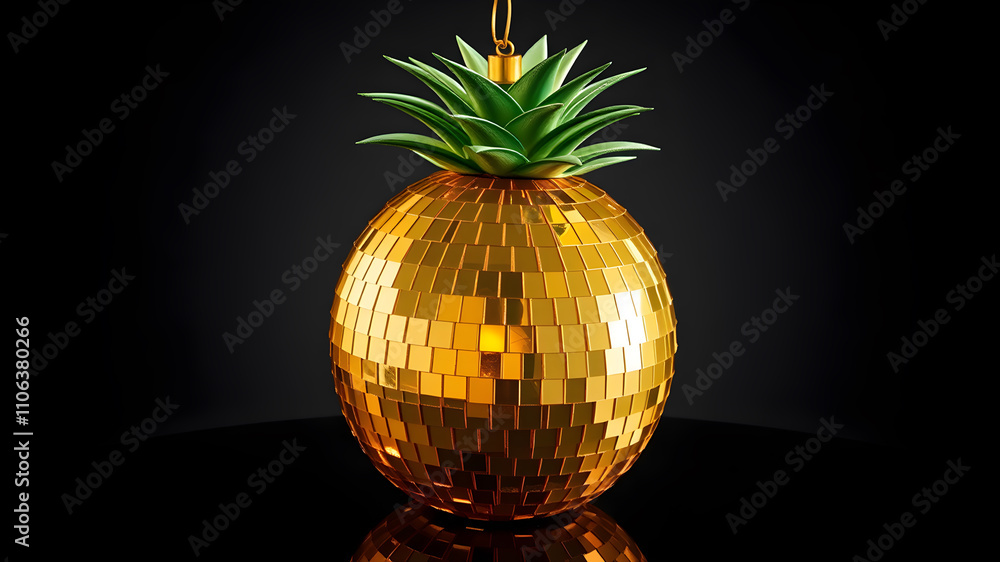 Obraz premium A shiny disco ball shaped like a pineapple, with metallic gold surface and green spiky leaves, glowing on a black glossy background. Generative AI