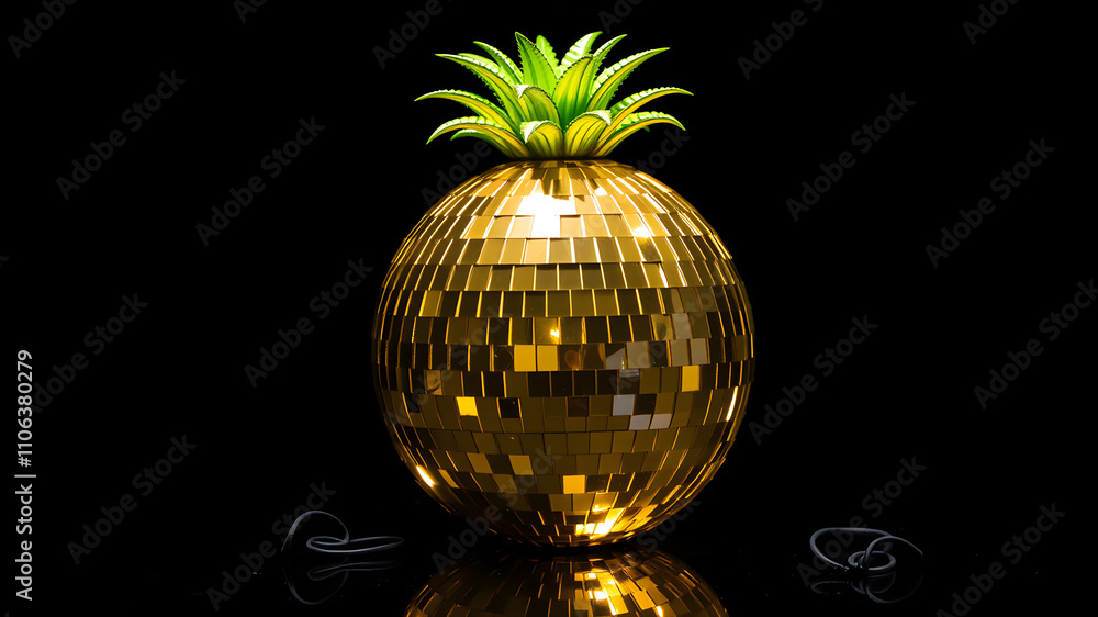 Obraz premium A shiny disco ball shaped like a pineapple, with metallic gold surface and green spiky leaves, glowing on a black glossy background. Generative AI