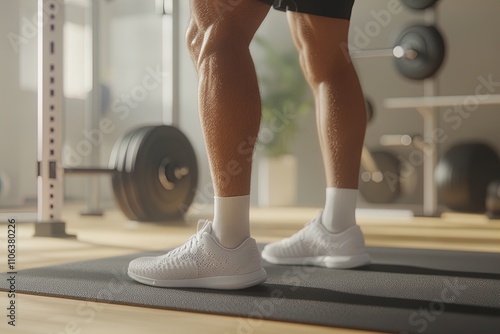 Strong legs of a person wearing athletic shoes during a workout session in a gym with weights