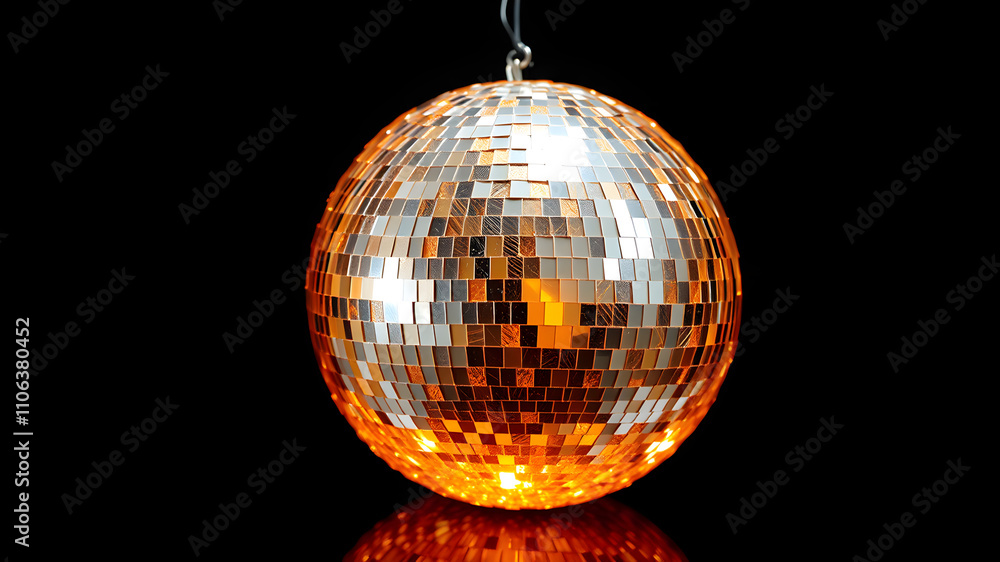 Obraz premium A sparkling disco ball resembling an orange, complete with a textured metallic peel design, on a black glossy background. Generative AI