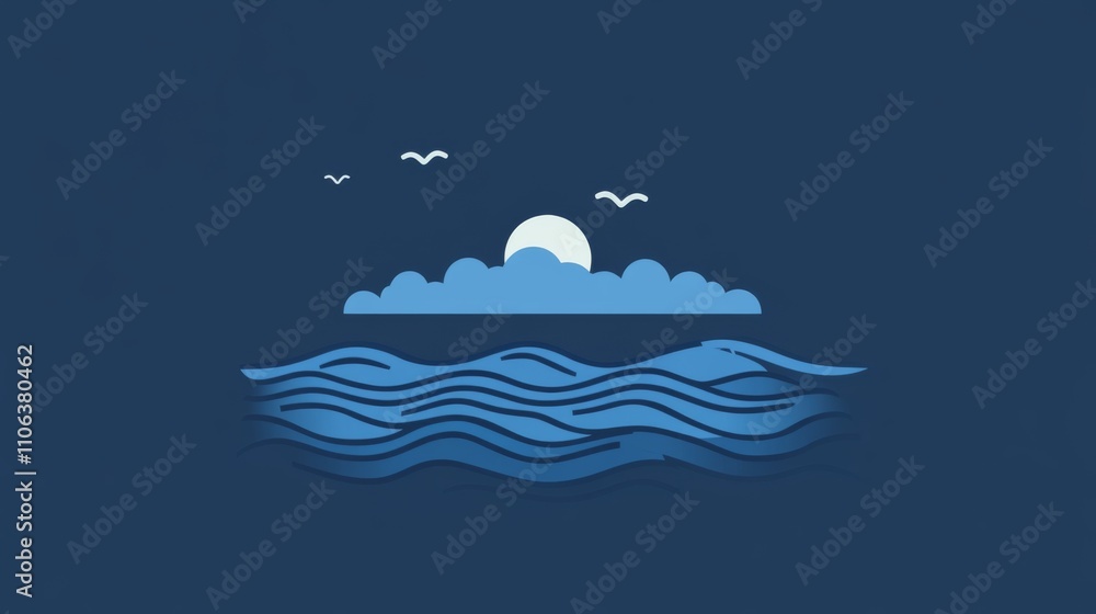 A minimalist icon of a serene ocean scene with waves and the moon A minimalist icon of a serene ocean scene with waves and the moon