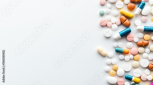 A vibrant assortment of assorted tablets and capsules scattered artfully on a light background, showcasing various colors and shapes. Ideal for health and wellness themes.