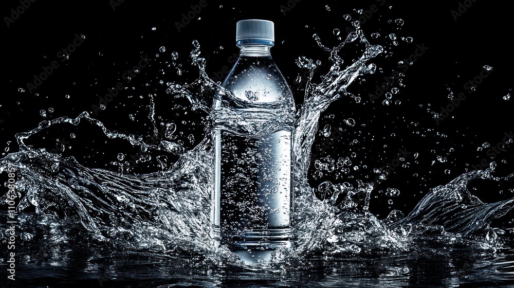 Refreshing Hydration: A Sparkling Water Bottle Surrounded by Dynamic Water Splashes Against a Black Background Refreshing Hydration: A Sparkling Water Bottle Surrounded by Dynamic Water Splashes Against a Black Background