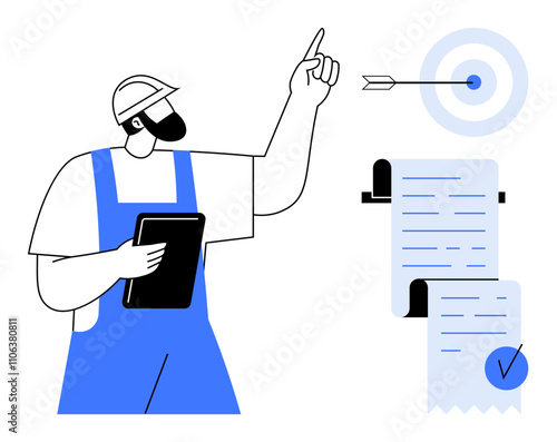 A worker wearing a hard hat and overalls points at a target with an arrow in the bullseye. Holding a clipboard, he stands beside rolled documents with a checkmark. Ideal for business goal