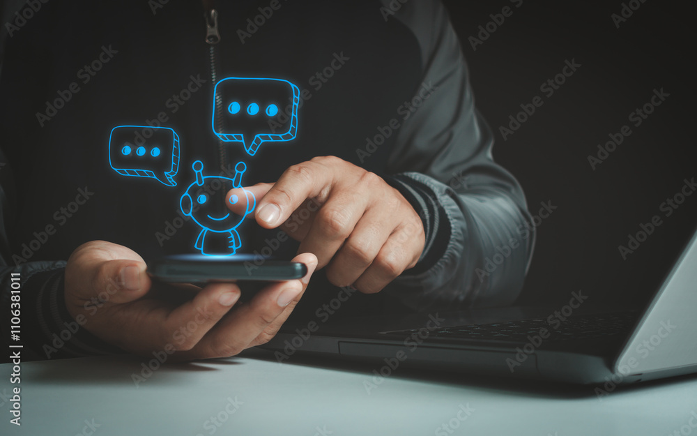 A businessman using smartphone with virtual assistant digital chatbot icon. Chatbot conversation Ai Artificial Intelligence technology online customer service. Digital chatbot, robot application. A businessman using smartphone with virtual assistant digital chatbot icon. Chatbot conversation Ai Artificial Intelligence technology online customer service. Digital chatbot, robot application.