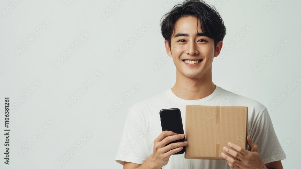 Happy young man holding a package and phone, online shopping delivery concept Happy young man holding a package and phone, online shopping delivery concept