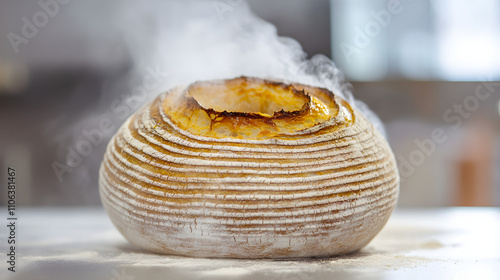 A freshly baked loaf of sourdough bread with a golden crust sliced and steaming. photo