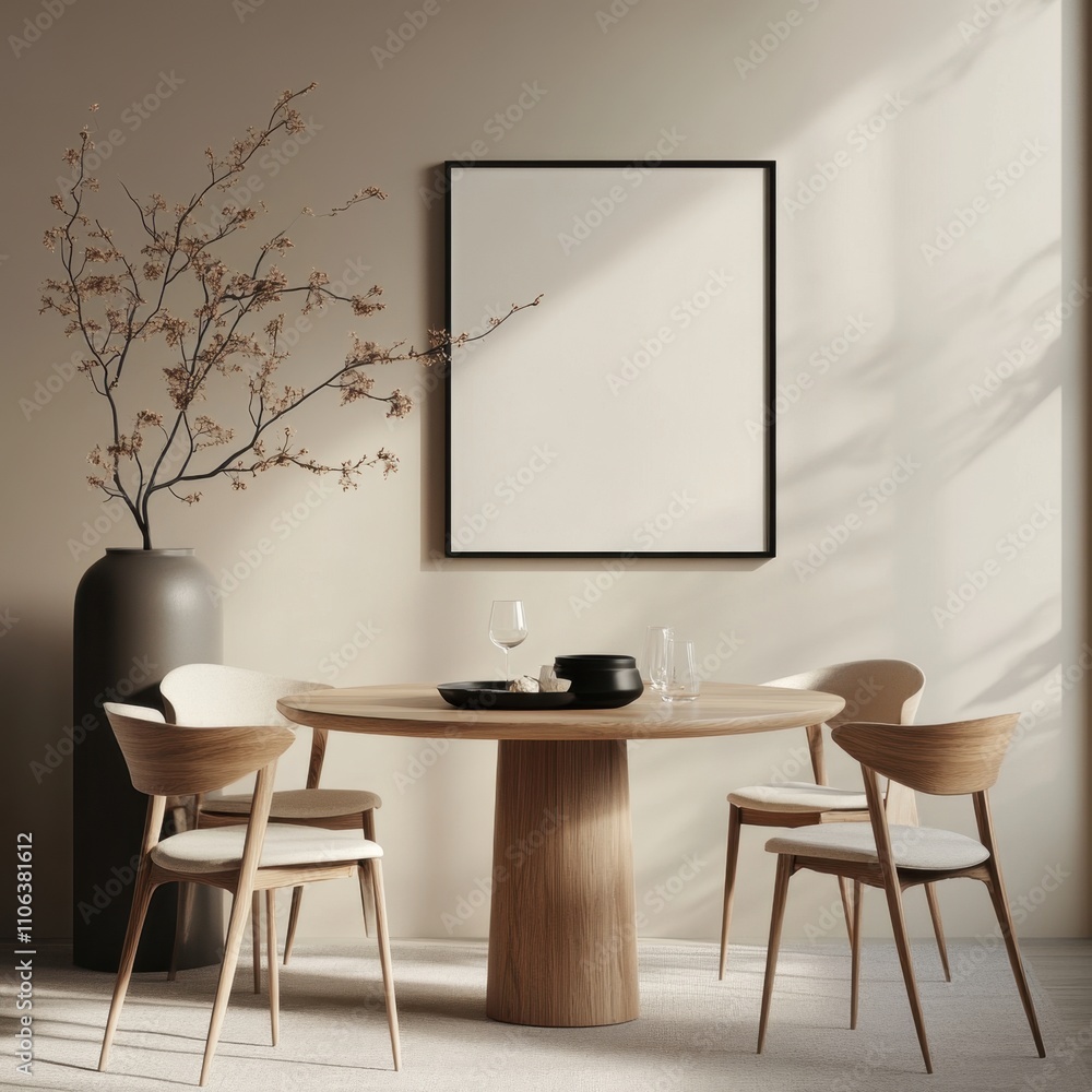 A table with four chairs around it. A vase with flowers on it is on the table A table with four chairs around it. A vase with flowers on it is on the table