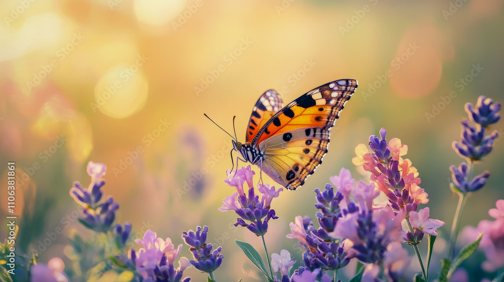 Obraz premium Vibrant butterfly on colorful flowers in sunlit garden setting