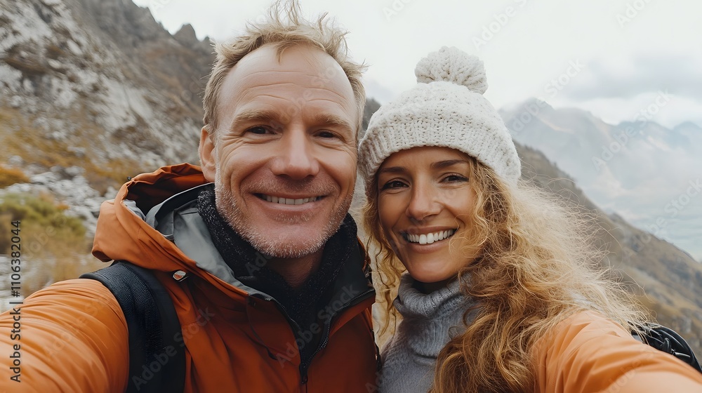 A middle-aged man with short blonde hair takes a selfie photo of himself and his wife A middle-aged man with short blonde hair takes a selfie photo of himself and his wife