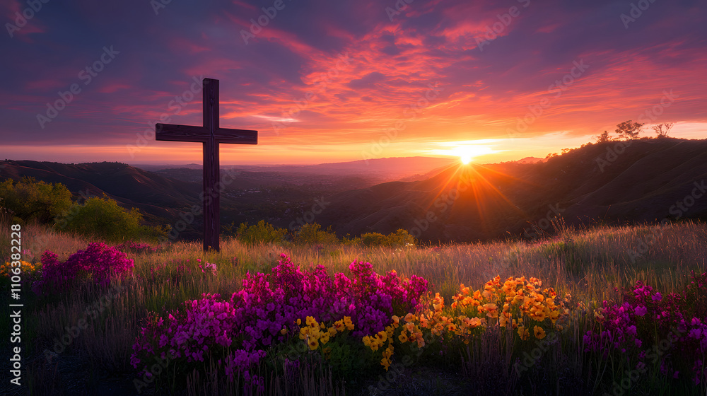 A glowing sunrise over a hillside with a large wooden cross and fresh flowers adorning its base. A glowing sunrise over a hillside with a large wooden cross and fresh flowers adorning its base.