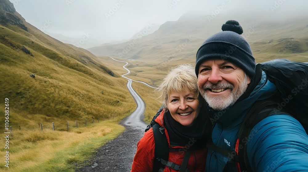 A middle-aged man with short blonde hair takes a selfie photo of himself and his wife A middle-aged man with short blonde hair takes a selfie photo of himself and his wife