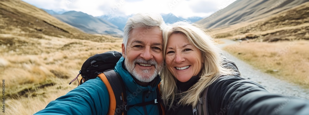 A middle-aged man with short blonde hair takes a selfie photo of himself and his wife A middle-aged man with short blonde hair takes a selfie photo of himself and his wife