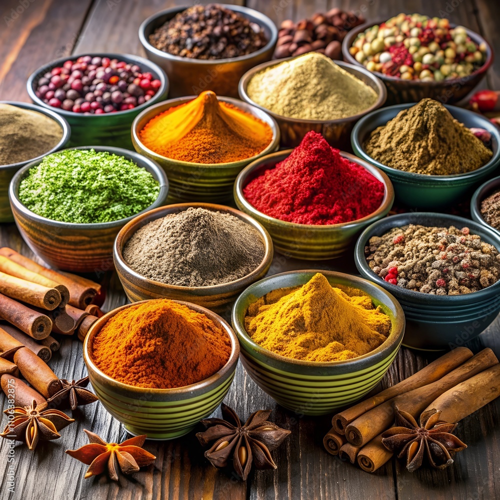 colorful spices and spices in small bowls.
colorful spices and spices in small bowls.