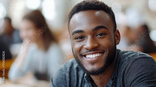 Happy young man college student during a lecture in the classroom.