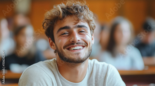 Happy young man college student during a lecture in the classroom.