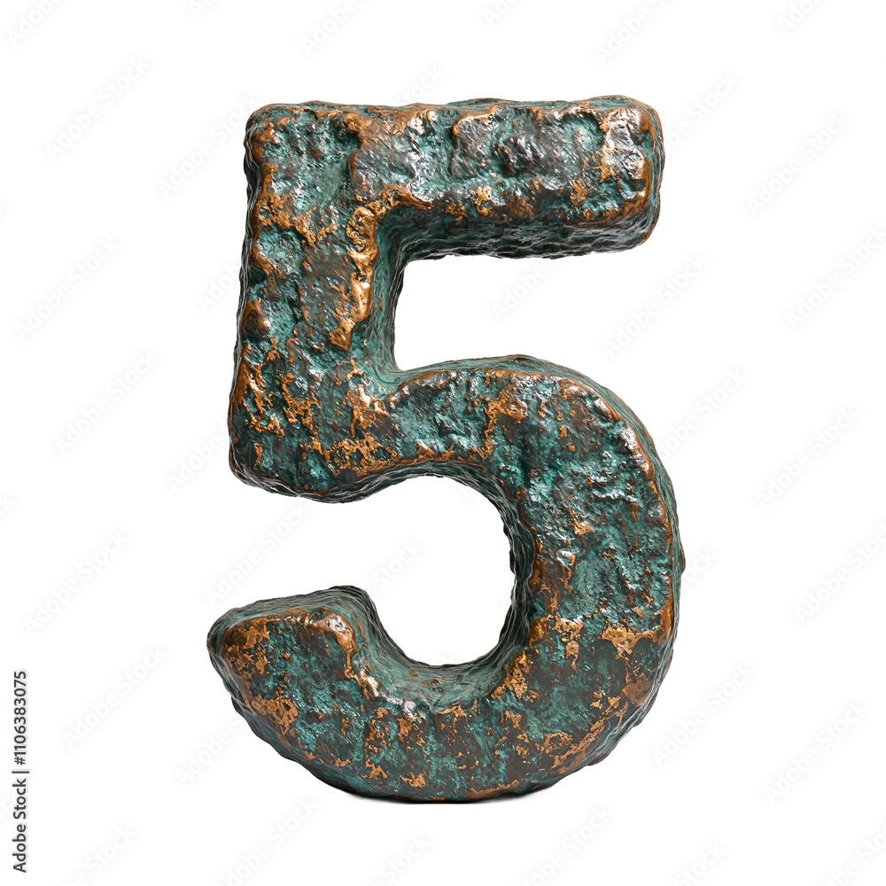 3D number 5 designed as rough aged bronze with patina details 3D number 5 designed as rough aged bronze with patina details