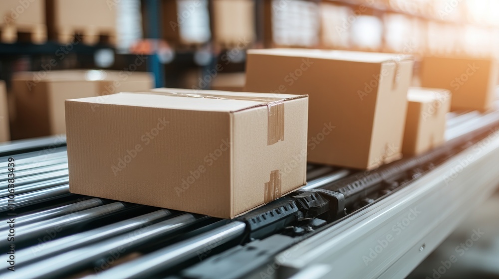 Cardboard Boxes on Conveyor Belt in Warehouse Cardboard Boxes on Conveyor Belt in Warehouse