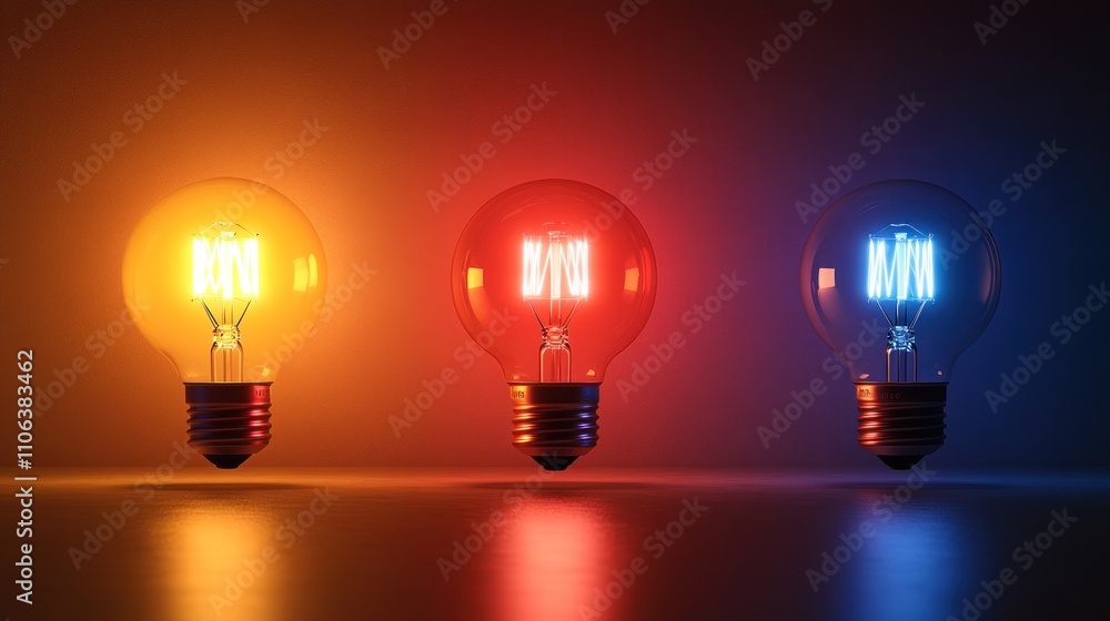 Illuminating Ideas: A Trio of Glowing Bulbs in Vibrant Hues Illuminating Ideas: A Trio of Glowing Bulbs in Vibrant Hues