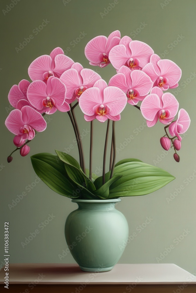 Fototapeta premium Beautiful pink orchids in a green vase on display