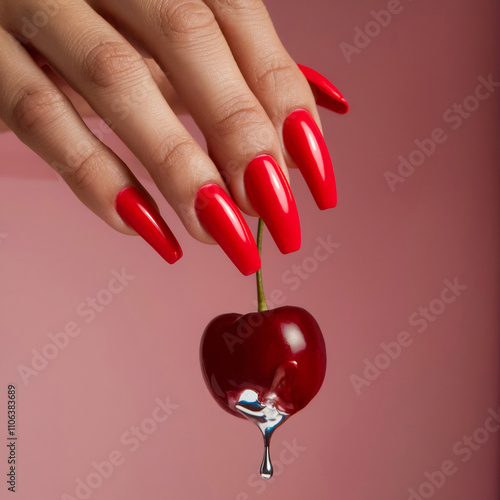 Women With Long Nail With A Cherry In Her Hand