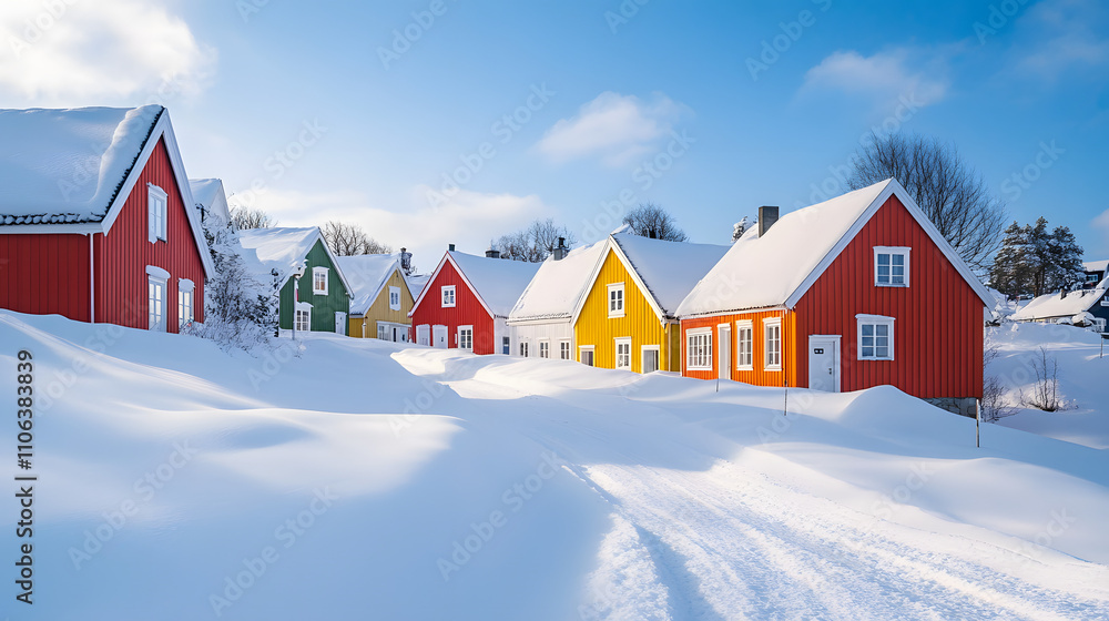 Naklejka premium A line of colorful houses partially buried in snow in a quaint Nordic village.