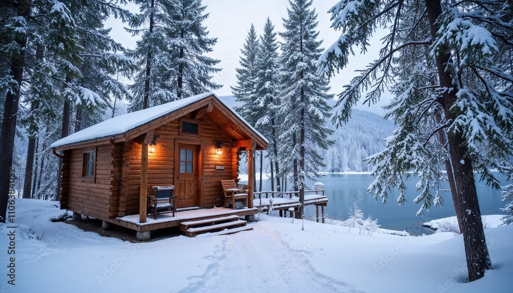 Finnish sauna in winter pine forest by the lake, calm mood, outdoor recreation, snowy landscape Finnish sauna in winter pine forest by the lake, calm mood, outdoor recreation, snowy landscape