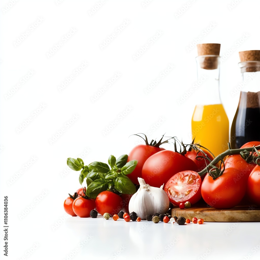A vibrant display of fresh tomatoes, garlic, and aromatic basil beside glass bottles of olive oil and balsamic vinegar, perfect for culinary inspiration and healthy cooking. A vibrant display of fresh tomatoes, garlic, and aromatic basil beside glass bottles of olive oil and balsamic vinegar, perfect for culinary inspiration and healthy cooking.