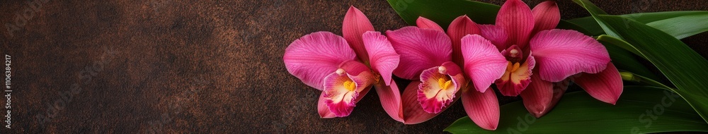 Bright pink orchids arranged beautifully on a dark surface Bright pink orchids arranged beautifully on a dark surface