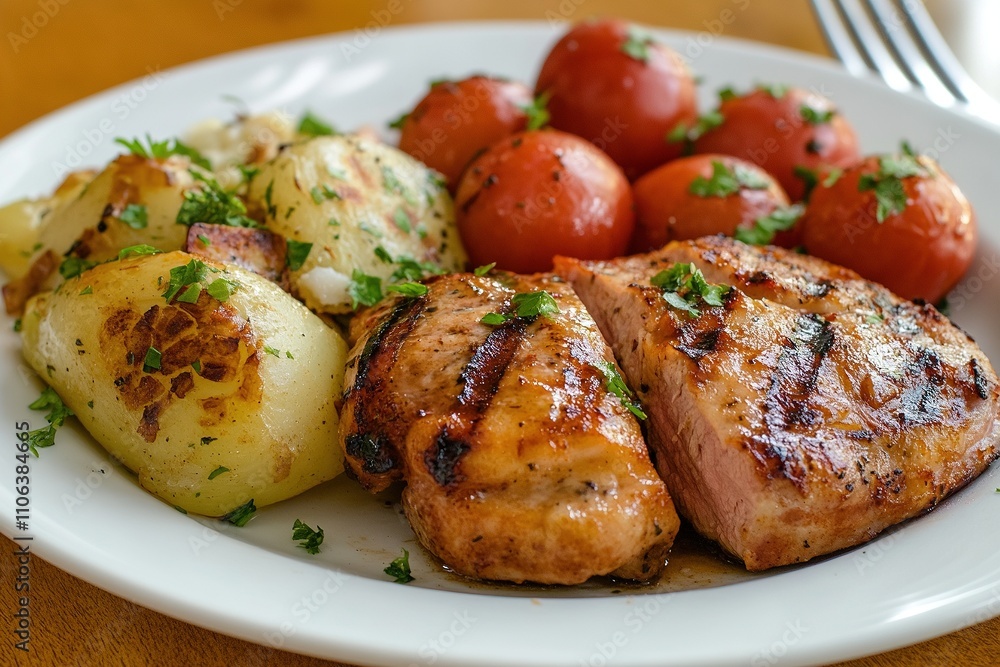 Grilled chicken breast served with roasted potatoes and cherry tomatoes on a white plate Grilled chicken breast served with roasted potatoes and cherry tomatoes on a white plate