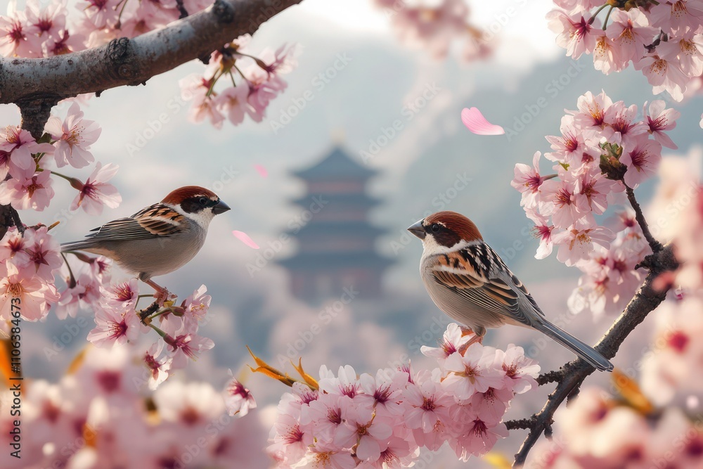 Sparrows hopping between delicate cherry blossoms, with a traditional pagoda in the distance. Sparrows hopping between delicate cherry blossoms, with a traditional pagoda in the distance.
