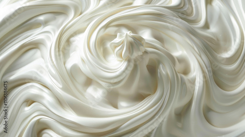 A macro photograph captures swirling peaks and valleys of pure white whipped cream or meringue, showing its smooth, silky texture in intricate detail. Generative AI.