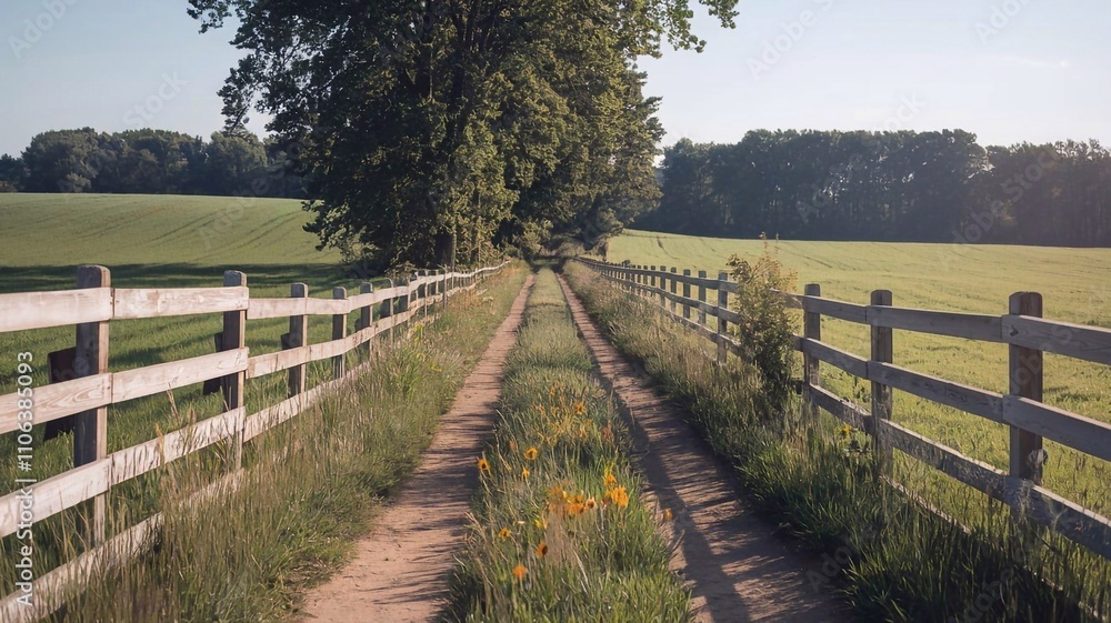 A wooden farm fence lined with wildflowers on a dirt pathway under a sunny sky, surrounded by green fields and trees A wooden farm fence lined with wildflowers on a dirt pathway under a sunny sky, surrounded by green fields and trees