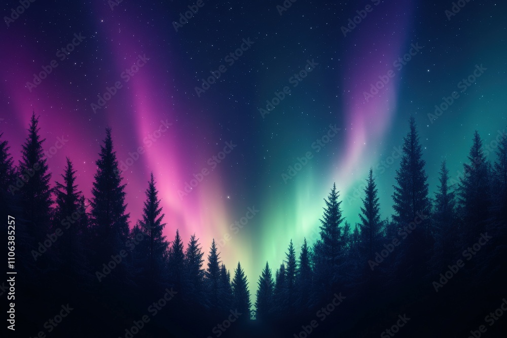 Stunning aurora lights illuminate trees in serene forest Stunning aurora lights illuminate trees in serene forest