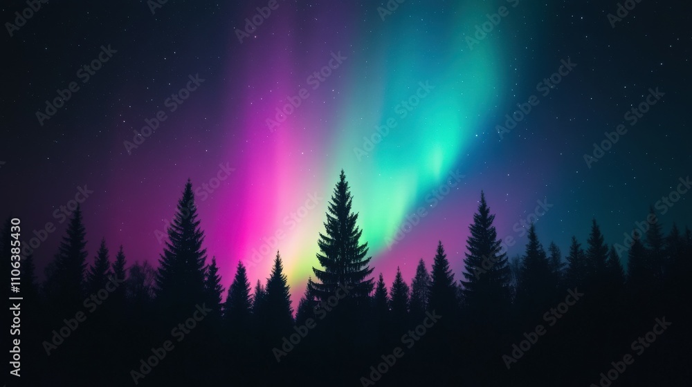 Northern lights illuminate a forest at night in vibrant colors Northern lights illuminate a forest at night in vibrant colors