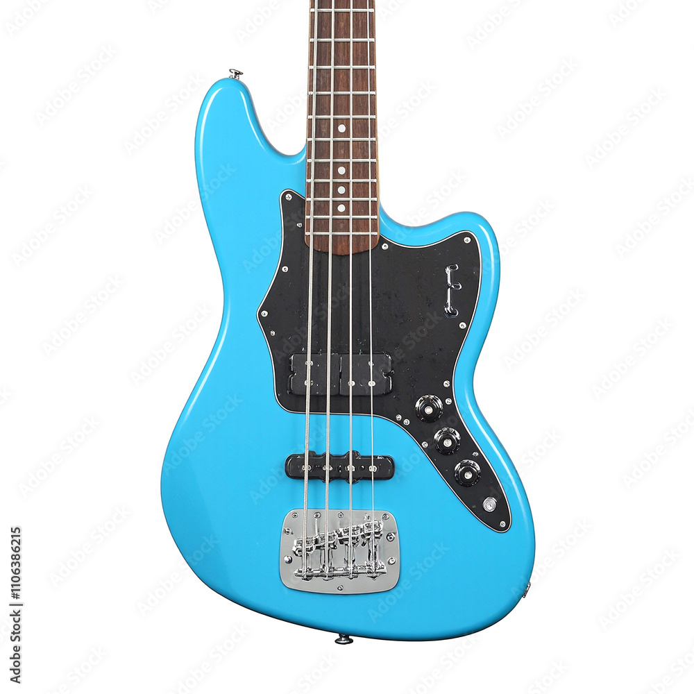 Obraz premium Vibrant blue electric bass guitar with chrome tuning pegs