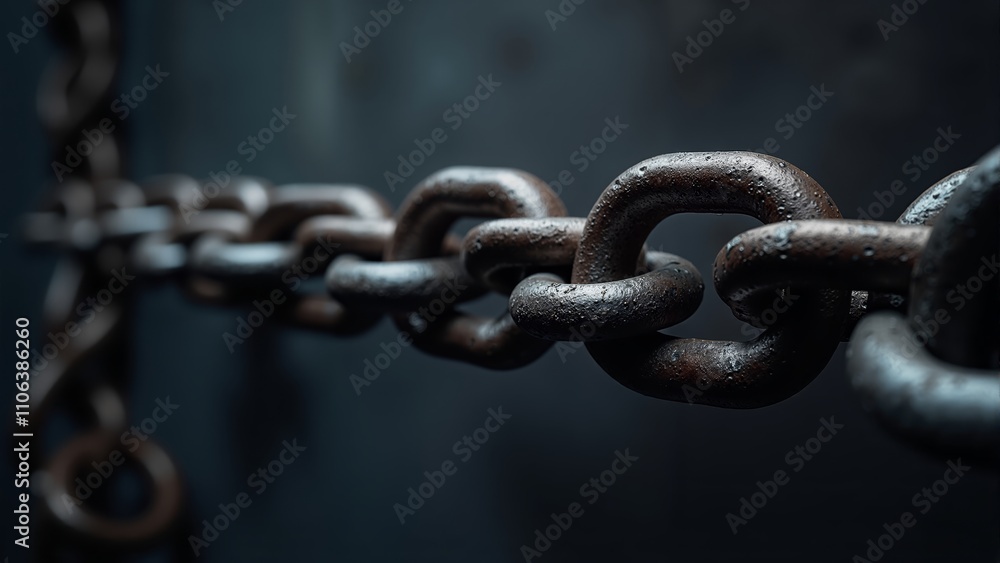 Fototapeta premium Rusty iron chain links glisten softly, highlighting their texture and age in a moody setting
