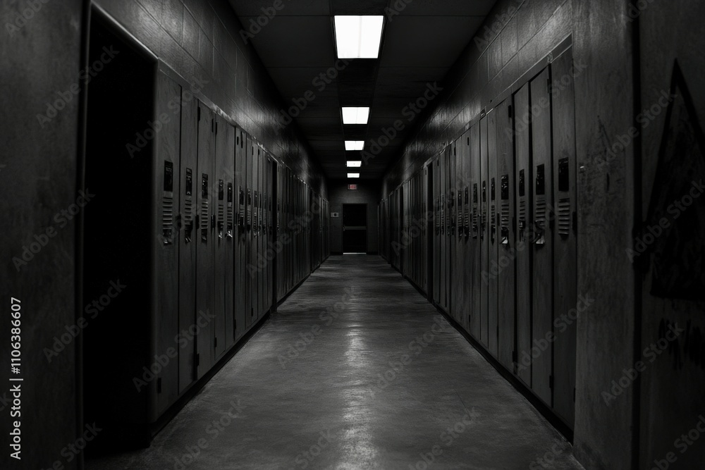 Dark hallway with lockers in an empty building Dark hallway with lockers in an empty building