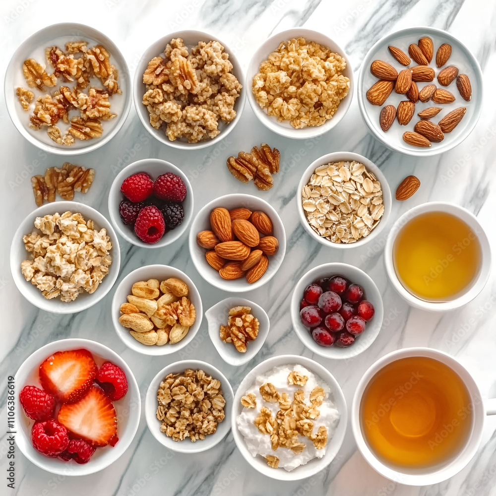 Healthy breakfast assortment with oats, nuts, berries, and tea in bowls on a marble surface Healthy breakfast assortment with oats, nuts, berries, and tea in bowls on a marble surface