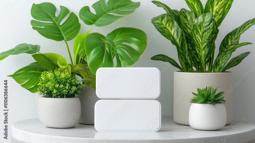 Fototapeta premium Two blank business cards placed on a marble surface surrounded by lush plants, creating a professional mockup setting