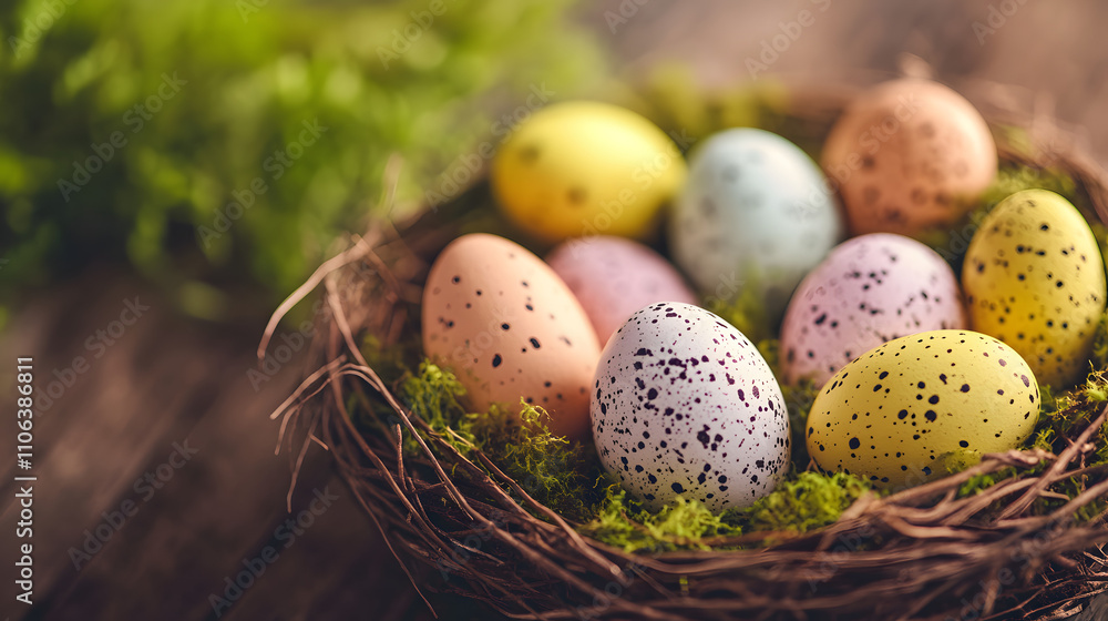 A nest filled with speckled Easter eggs and moss resting on a rustic wooden surface. A nest filled with speckled Easter eggs and moss resting on a rustic wooden surface.