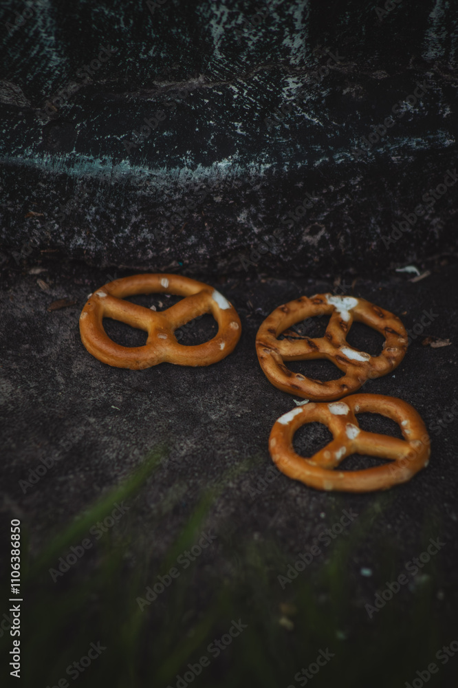 three twisted, brown pretzels scattered on a dark, textured surface, surrounded by patches of green grass, evoking a sense of neglect and spontaneity in nature three twisted, brown pretzels scattered on a dark, textured surface, surrounded by patches of green grass, evoking a sense of neglect and spontaneity in nature