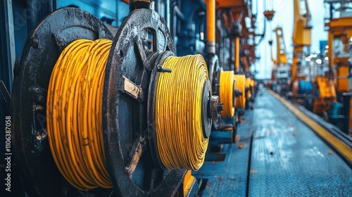 Industrial Cable Reels: A Close-Up of Yellow Electrical Cables Wound on Reels in a Factory Setting photo