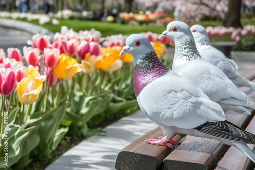 White fan-tailed pigeons on a park bench, with blooming tulips lining the garden pathway. photo