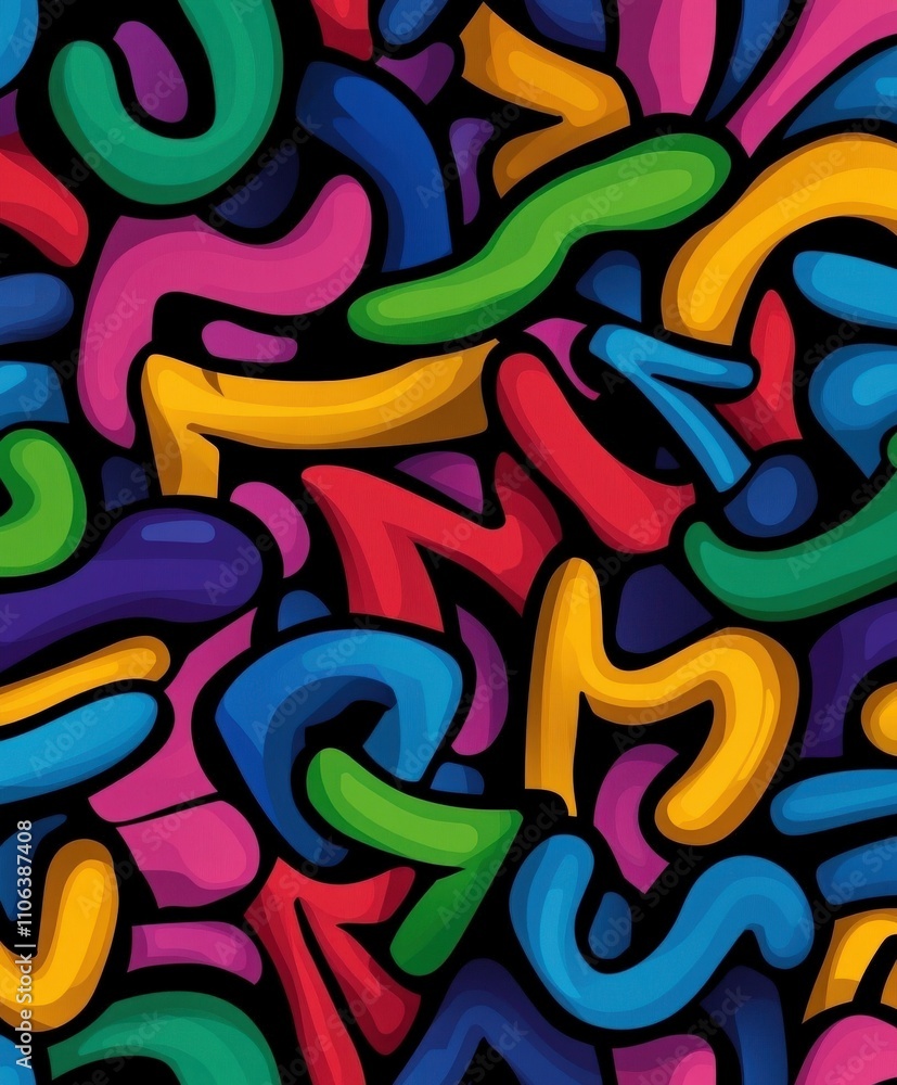 Colorful abstract patterns of letters and shapes in bold design Colorful abstract patterns of letters and shapes in bold design
