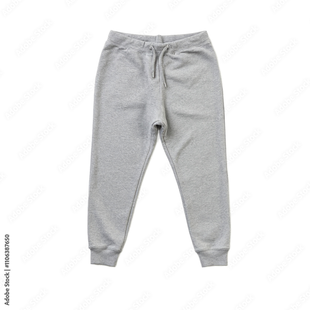 Soft gray sweatpants with elastic waistband and cuffed ankles against white backdrop Soft gray sweatpants with elastic waistband and cuffed ankles against white backdrop