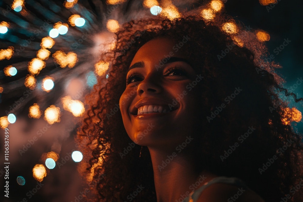 A close-up of a woman smiling while fireworks explode in the background, gold and silver sparks lighting up her face, festive, night-time celebration 2 A close-up of a woman smiling while fireworks explode in the background, gold and silver sparks lighting up her face, festive, night-time celebration 2